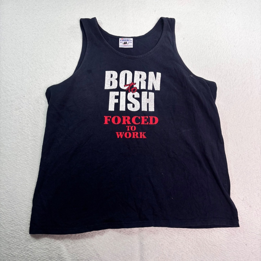 Vintage Born To Fish Forced To‎ Work Graphic Tank Top Black Adult XL